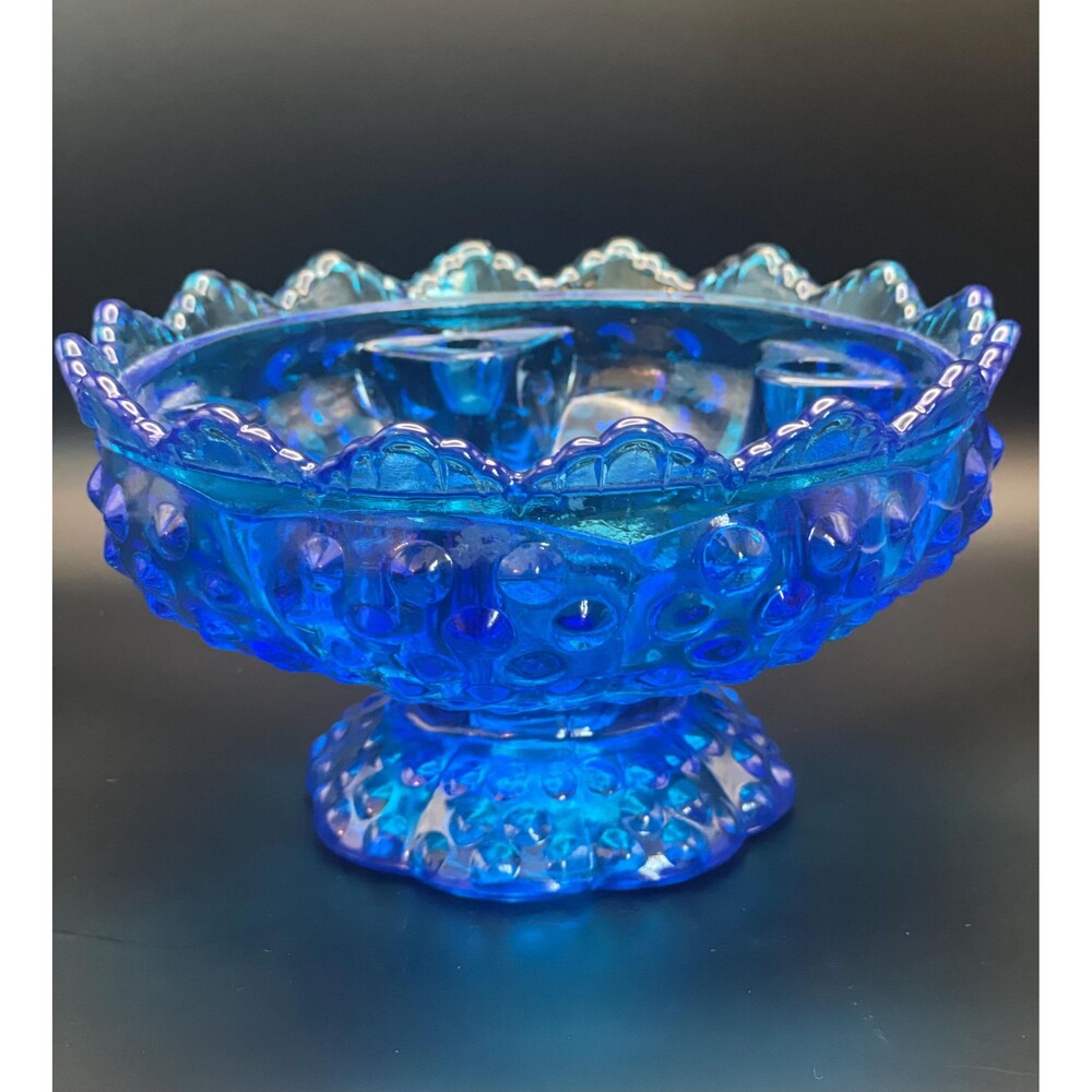 Vintage Fenton Colonial Blue Hobnail Glass 6 Candle Multi Candle Holder Bowl